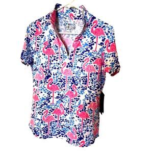 NWT Ladies IBKUL FLAMINGO Pink Blue Polo Golf Shirt size S